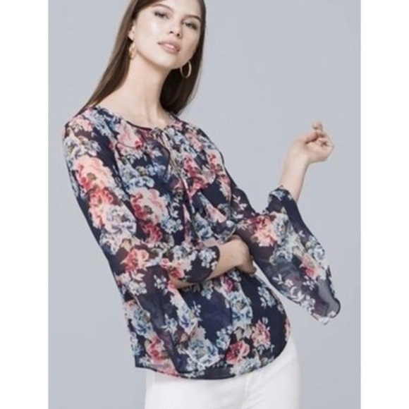 White House Black Market Ruffle Floral Blouse Top - Picture 2 of 10